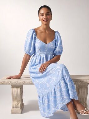 #76 Nine West Light Blue Puff-Sleeve Floral Maxi Dress